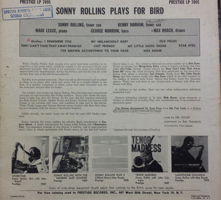 Sonny Rollins Quintet With Kenny Dorham And Max Roach : Rollins Plays For Bird (LP, Album, Mono, RP)