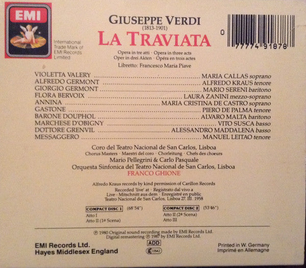 Maria Callas - Alfredo Kraus, Mario Sereni, Coro Do Teatro De São Carlos & Orquestra Sinfónica Do Teatro Nacional De São Carlos, Lisboa, Franco Ghione : La Traviata [Live 1958 Recording] (2xCD, Album, Mono, RE, Box)
