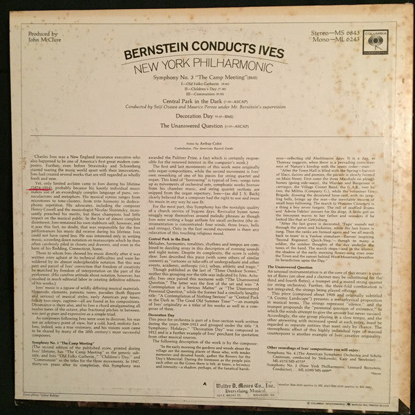 Bernstein* Conducts Ives*, New York Philharmonic : Symphony No. 3 / Decoration Day / Central Park In The Dark / The Unanswered Question (LP, RE)